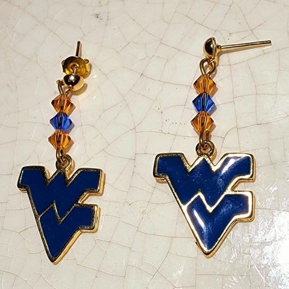 NWT West Virginia Initials Blue Orange Genuine Austrian Crystals post earrings - Picture 2 of 5